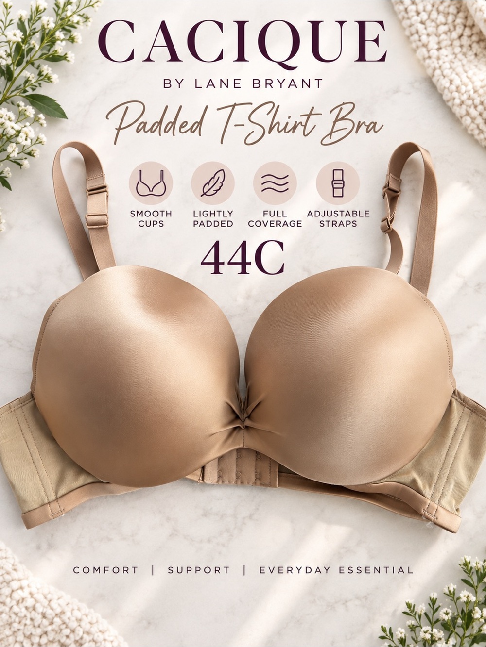 Cacique 44C Nude Beige Padded T-Shirt Bra Smooth Full Coverage